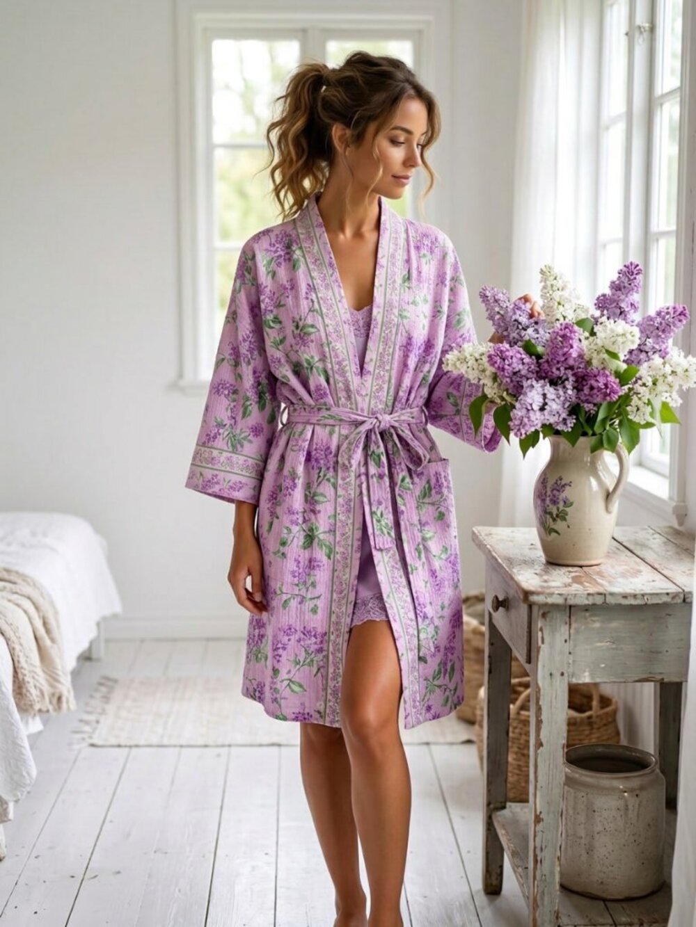 Vintage April Cornell 100% Romantic Cotton Lilac Floral Cotton Robe Size S/M